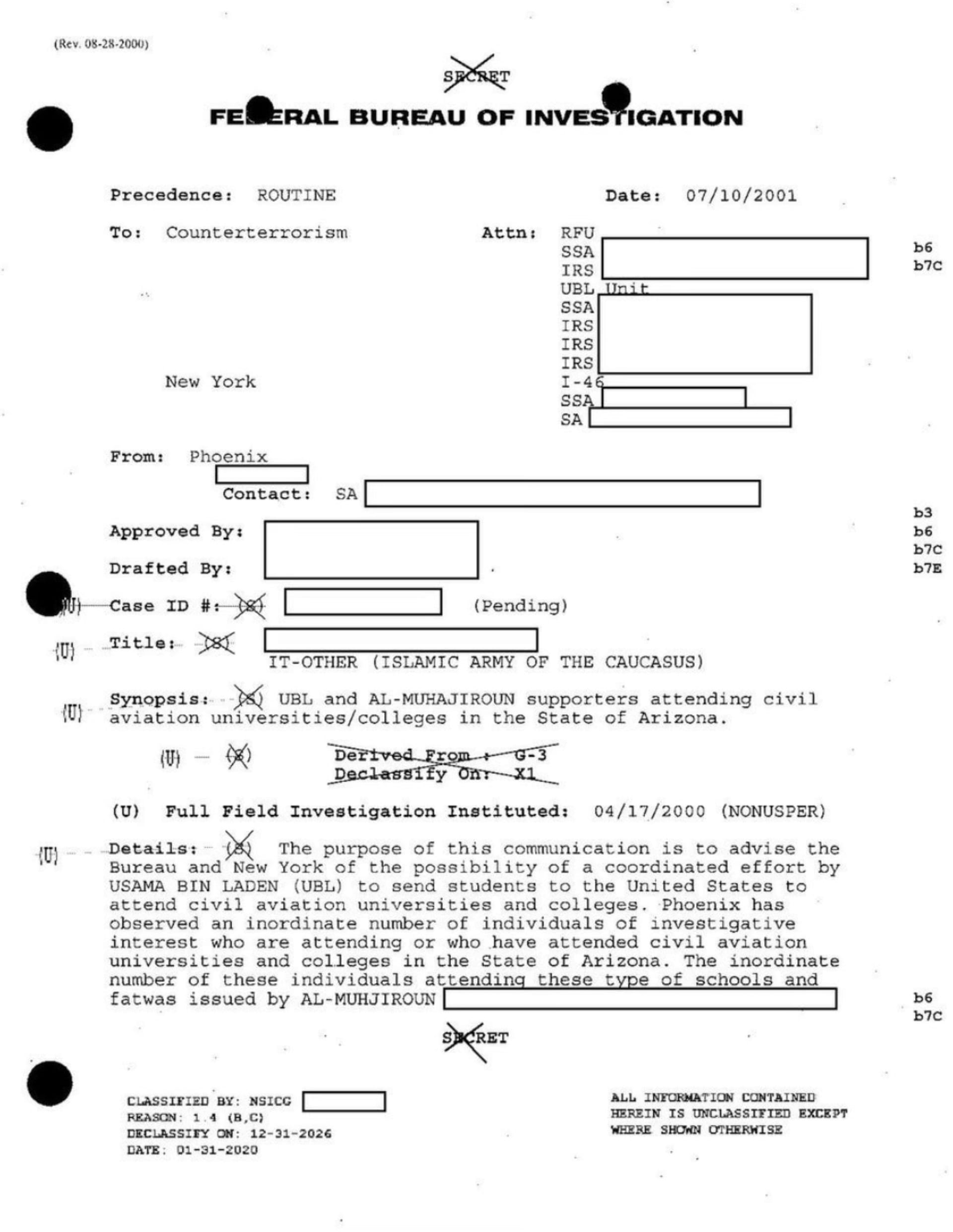 The Phoenix Memo sent to the FBI headquarters on July 10, 2001.