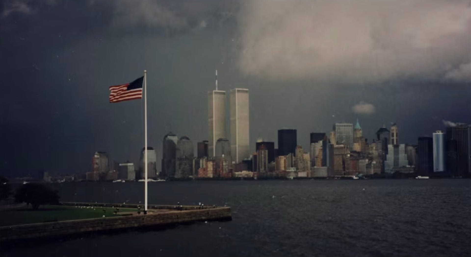 The American flag and the Twin Towers on September 10, 2001. The American flag and the Twin Towers on September 10, 2001.