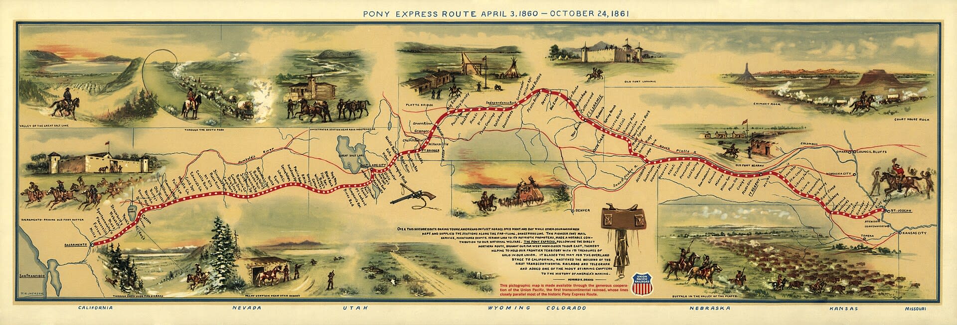 The map of the Pony Express route, painted by William Henry Jackson. The map of the Pony Express route, painted by William Henry Jackson.
