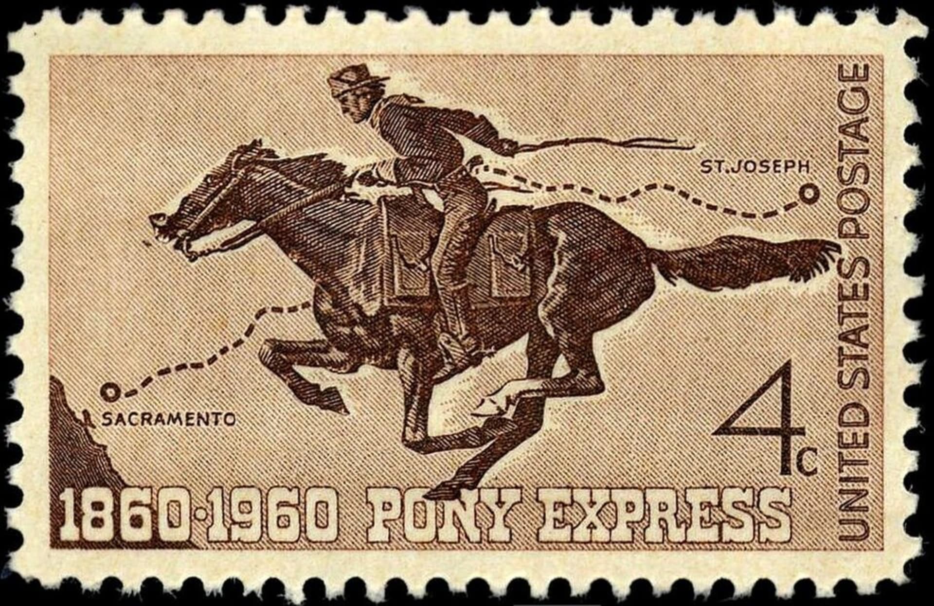 The Pony Express 100th-anniversary postage stamp. The Pony Express 100th-anniversary postage stamp.