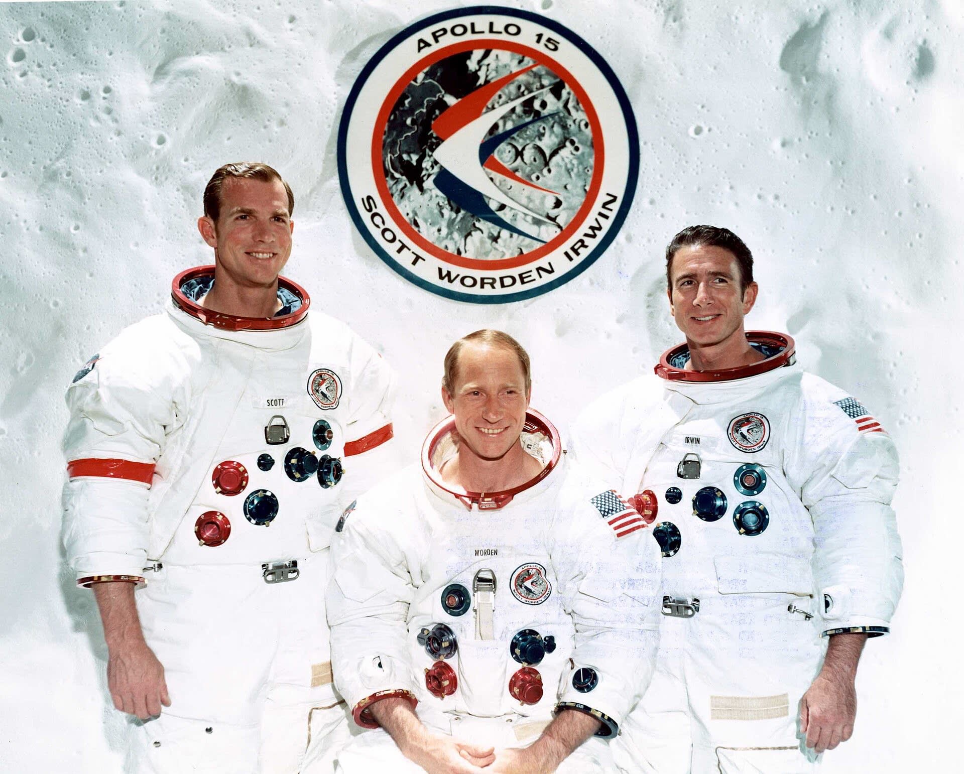 The Apollo 15 crew. From left to right: commander David Scott, command module pilot Alfred Worden and lunar module pilot James Irwin.