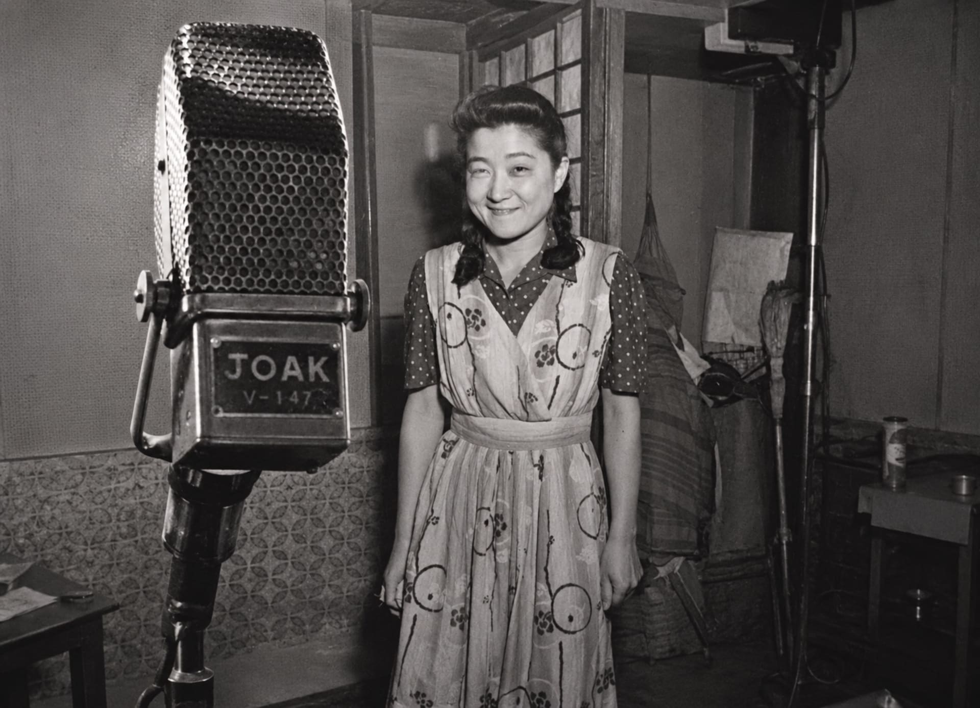 Iva Toguri D’Aquino next to the JOAK (Japan’s national radio station).
