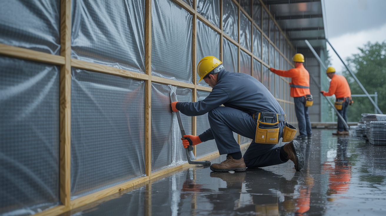 Fassadenarbeiten bei Regenwetter