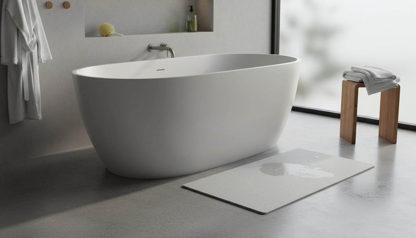 A soothing atmosphere with a beige bathtub, a grey non-slip mat and lit candles.
