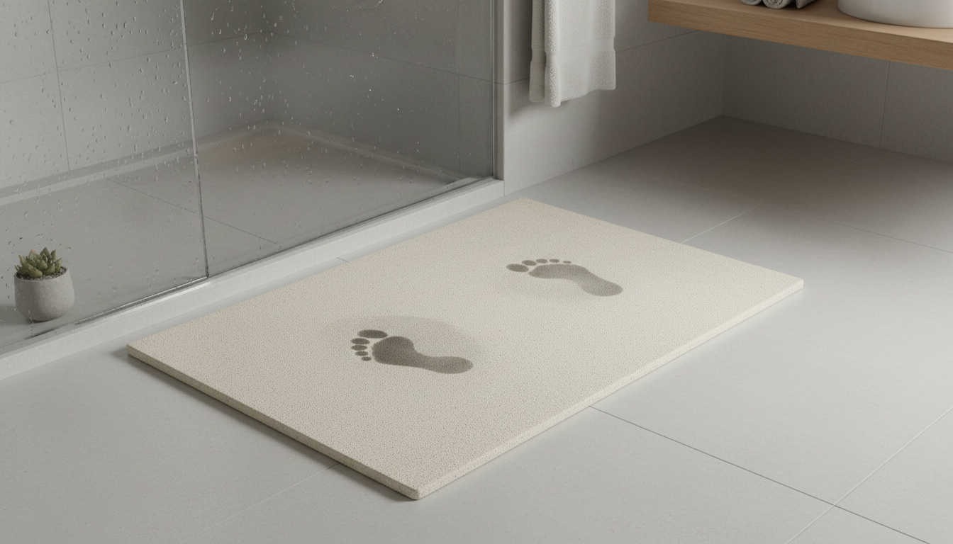 Light grey diatomite bath mat, elegantly placed next to a modern bathtub.