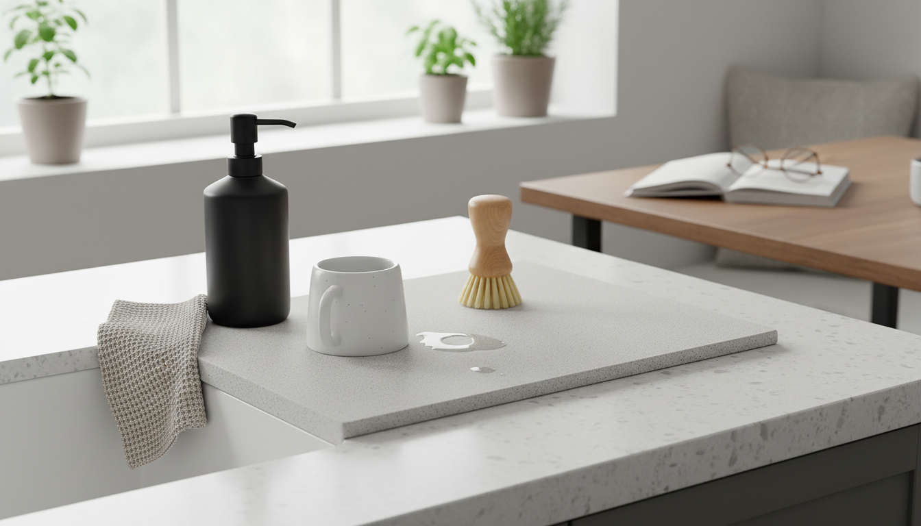 Égouttoir diatomite gris clair, élégamment placé près de l'évier en bois naturel.