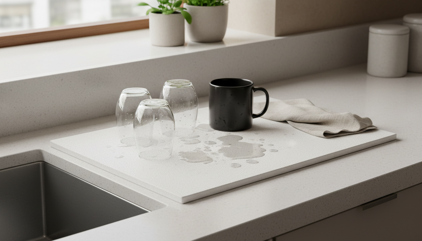 Égouttoir diatomite en décoration minimaliste, entouré de plantes vertes et d'ustensiles en bambou.