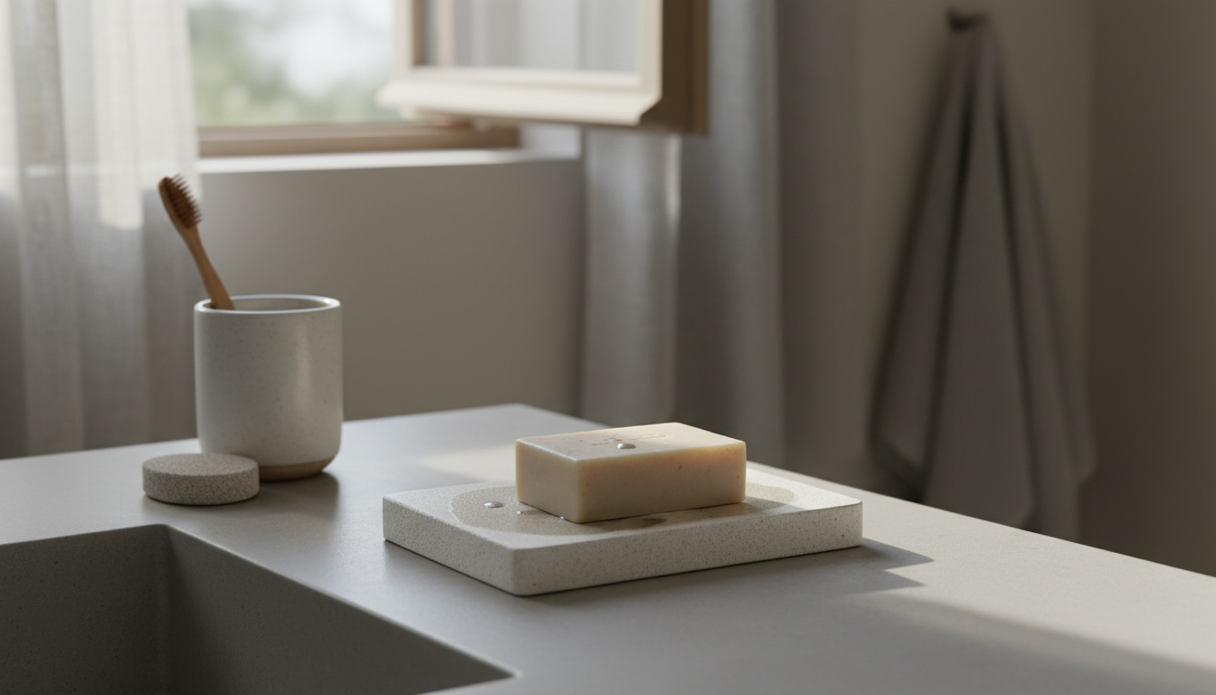 Savon artisanal sur porte-savon diatomite gris, évitant les flaques d'eau.