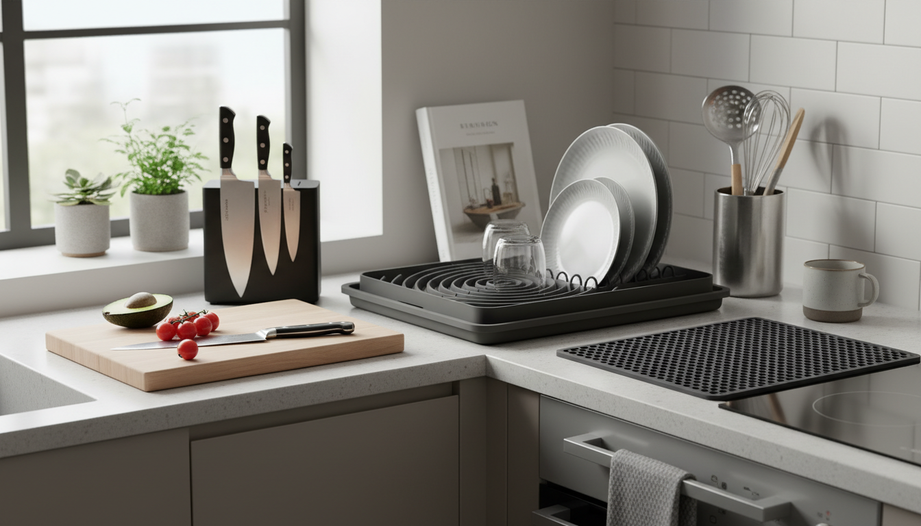 Plan de travail épuré avec un organiseur en bois clair, ustensiles à portée de main.