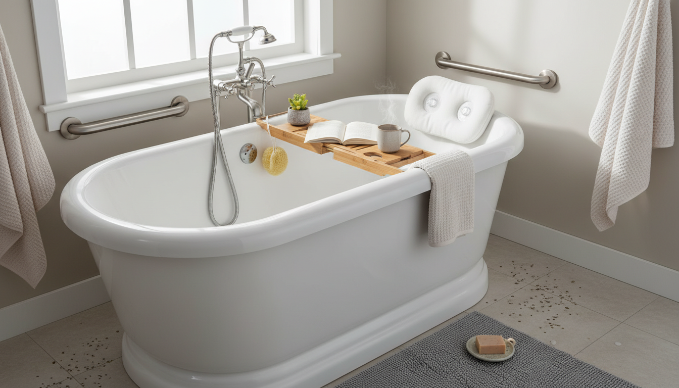 Baignoire blanche élégante avec un oreiller à ventouses bleu, créant un espace de détente.