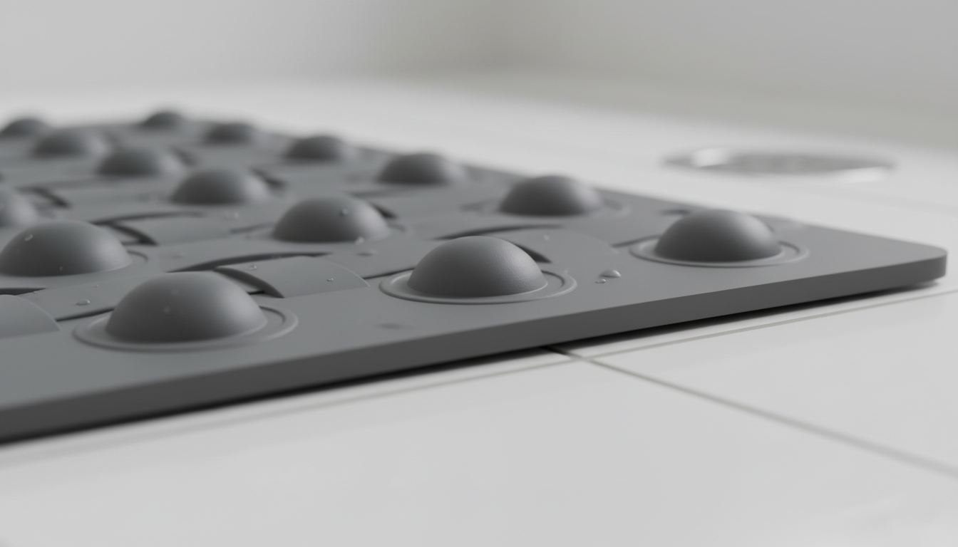 Gros plan sur le tapis absorbant gris, présentant une texture douce et antidérapante.