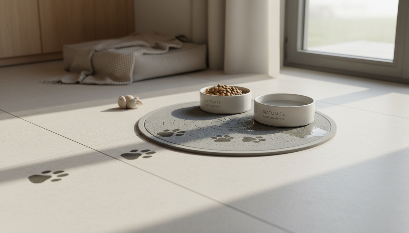 Coin repas lumineux avec gamelles en céramique, diatomite beige absorbant l’humidité.