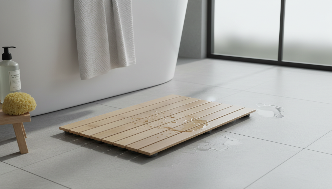 Mat en bambou naturel, 60x40 cm, posé sur un carrelage noir, ajoutant chaleur et élégance.