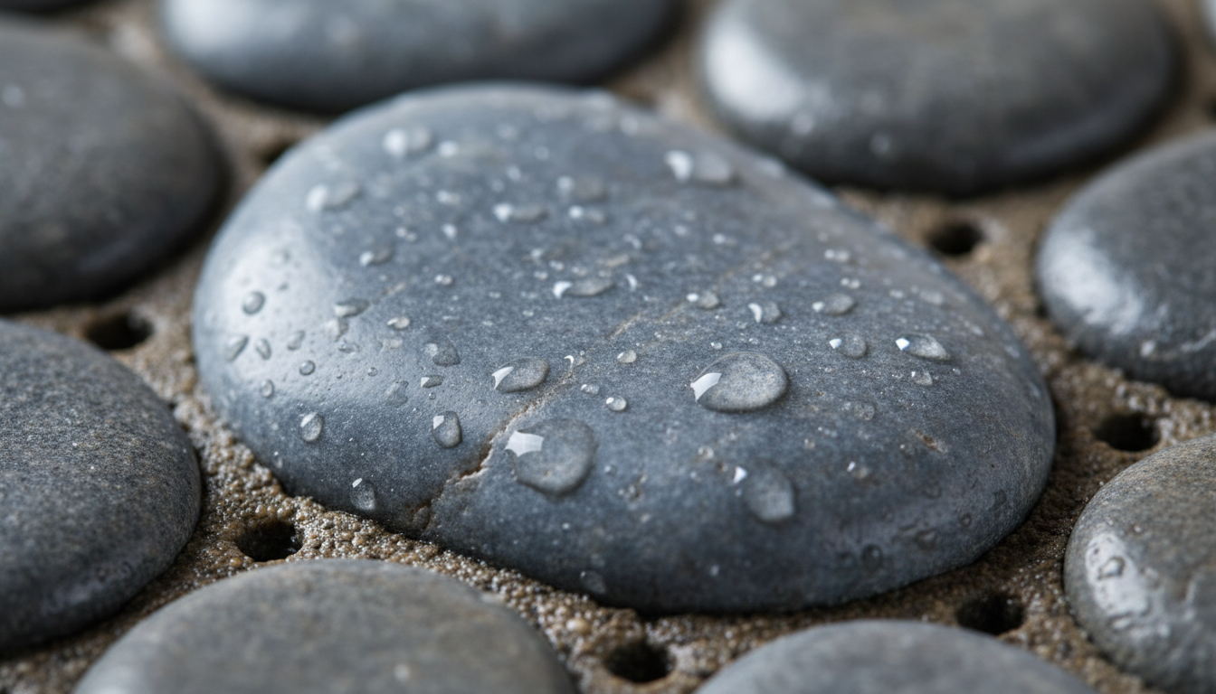Gros plan sur la texture en relief des galets, révélant des nuances de gris et beige.