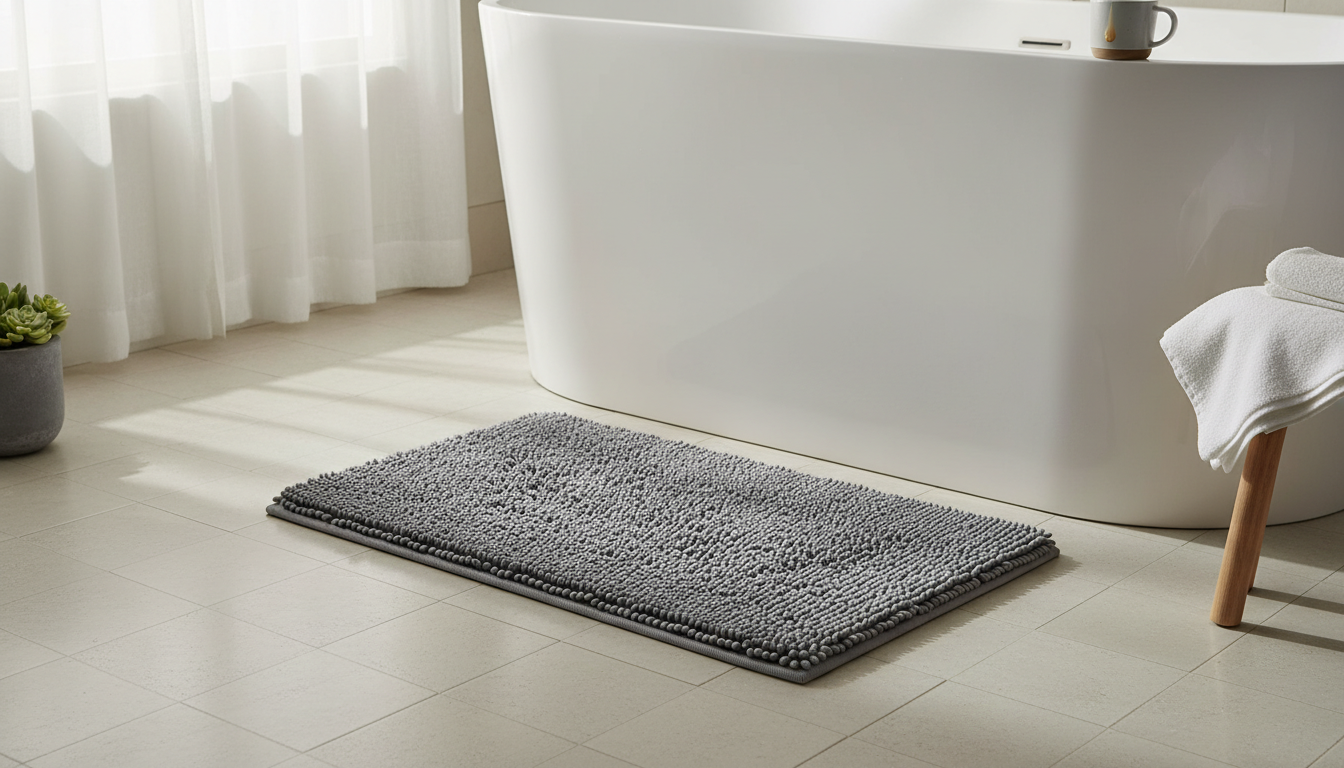 Tapis de bain chenille crème accueillant, placé devant une baignoire en marbre élégant.
