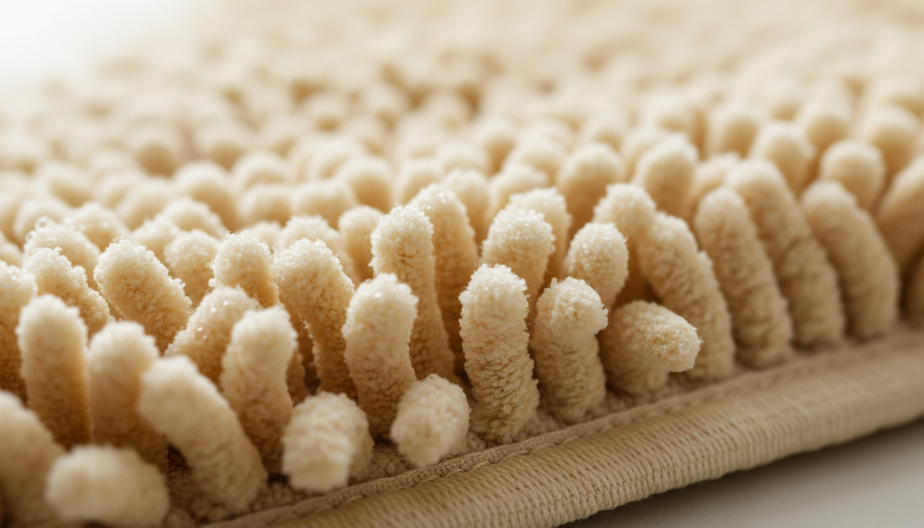 Gros plan sur les fibres douces et absorbantes, texture pelucheuse en chenille dense.