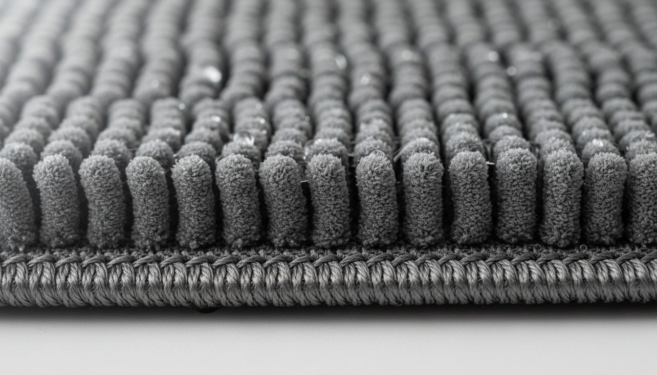 Texture en microfibre douce, bordure élégante, couleur taupe, résistant à l'eau.