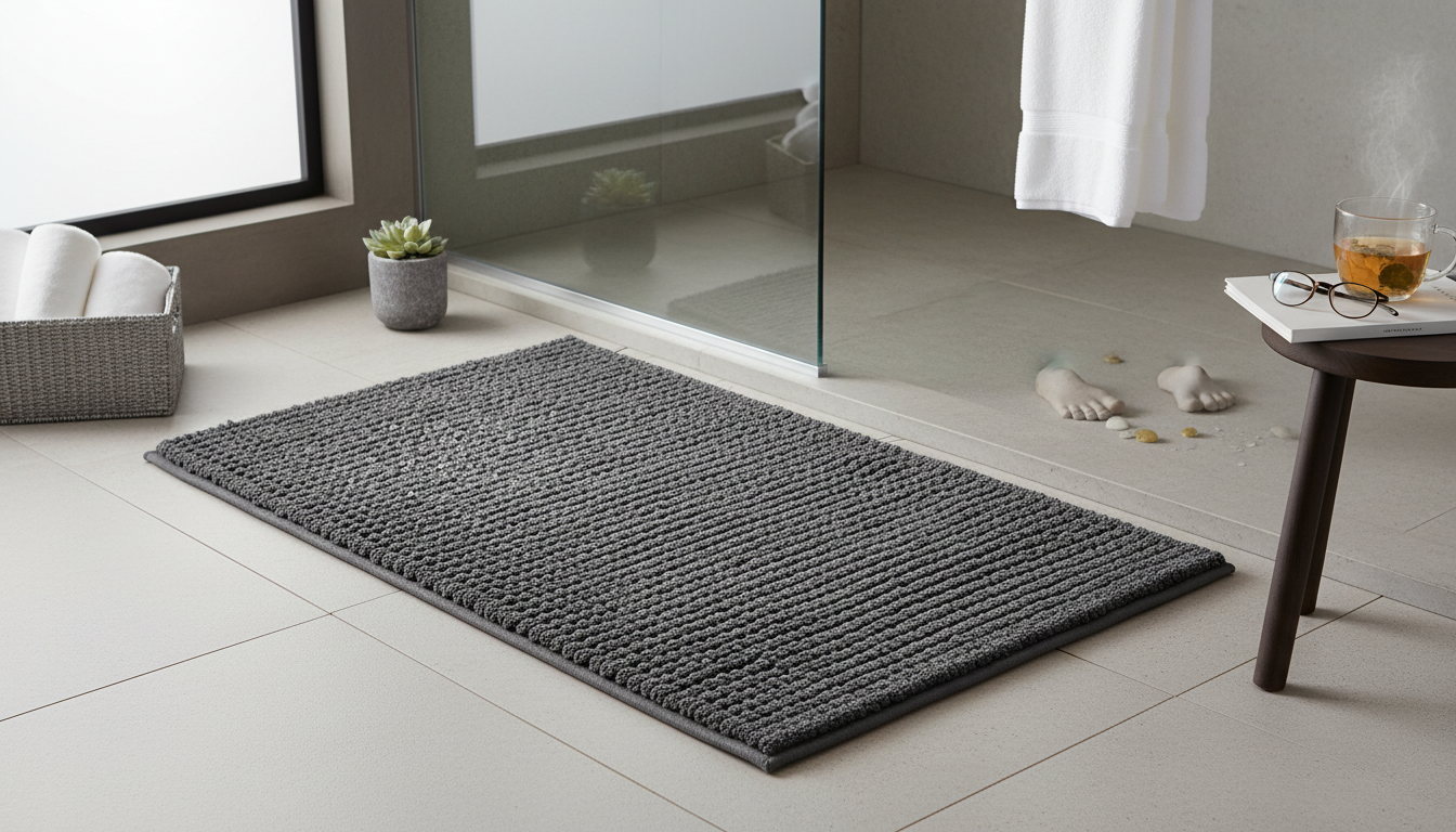 Un élégant tapis de bain gris anthracite dans une salle de bain minimaliste, créant une ambiance apaisante.