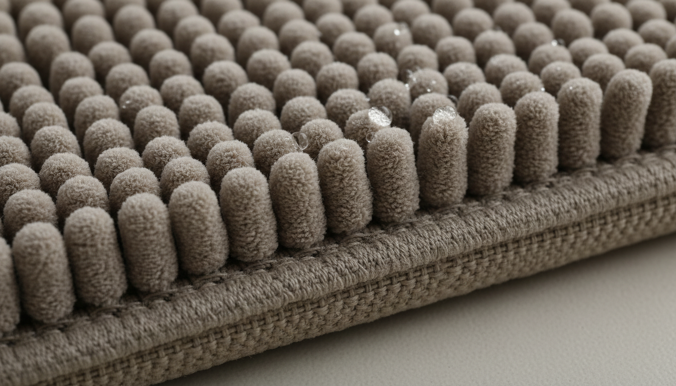 Gros plan sur la texture côtelée du tapis, révélant sa densité et son fini mat soyeux.