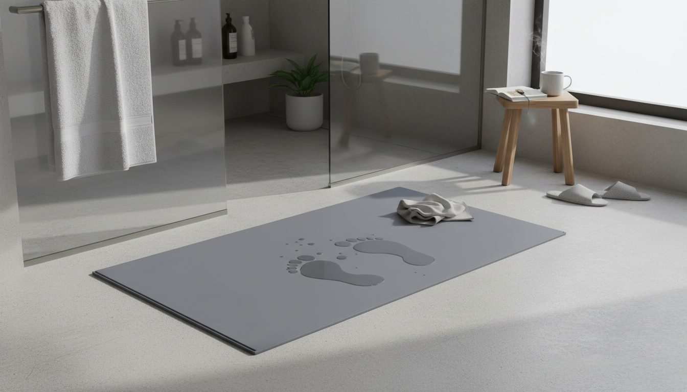 Tapis de bain gris clair, 60x90 cm, absorbant, placé près d'une douche moderne.