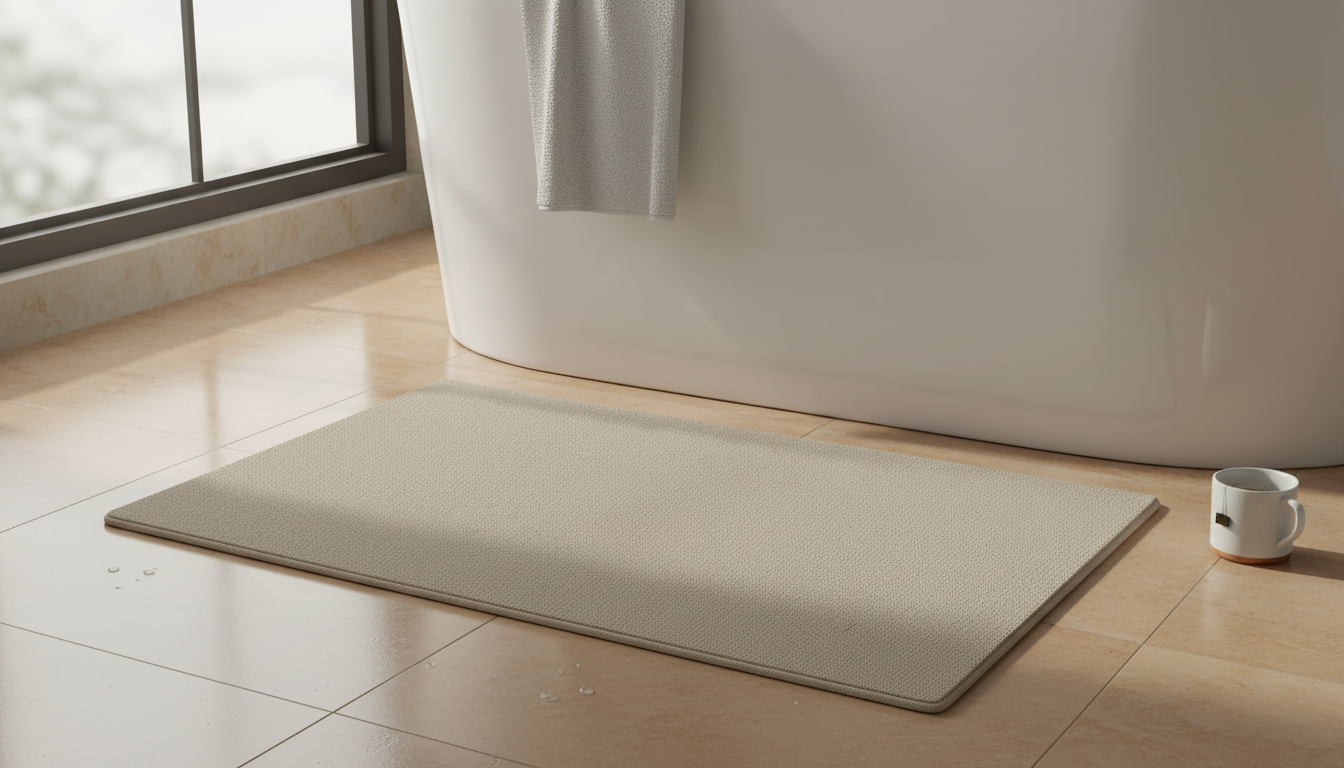 Mat beige rectangulaire de 60x90 cm, s'harmonisant avec des carreaux clairs.