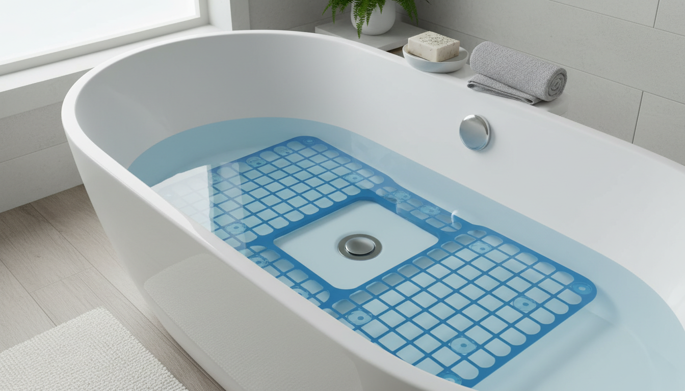 Tapis antidérapant gris clair s'étend harmonieusement dans une baignoire en céramique blanche.