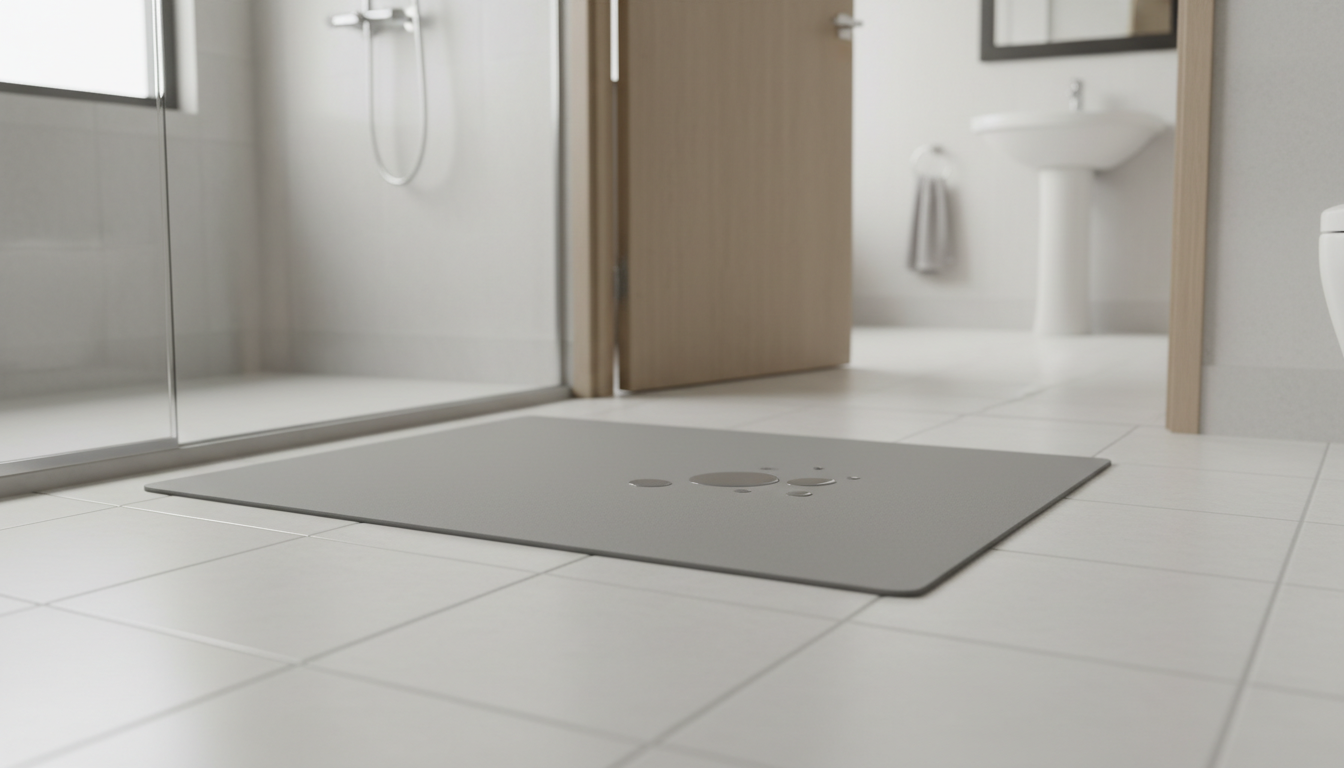 Tapis blanc en relief sur un sol en marbre noir, créant une ambiance élégante.