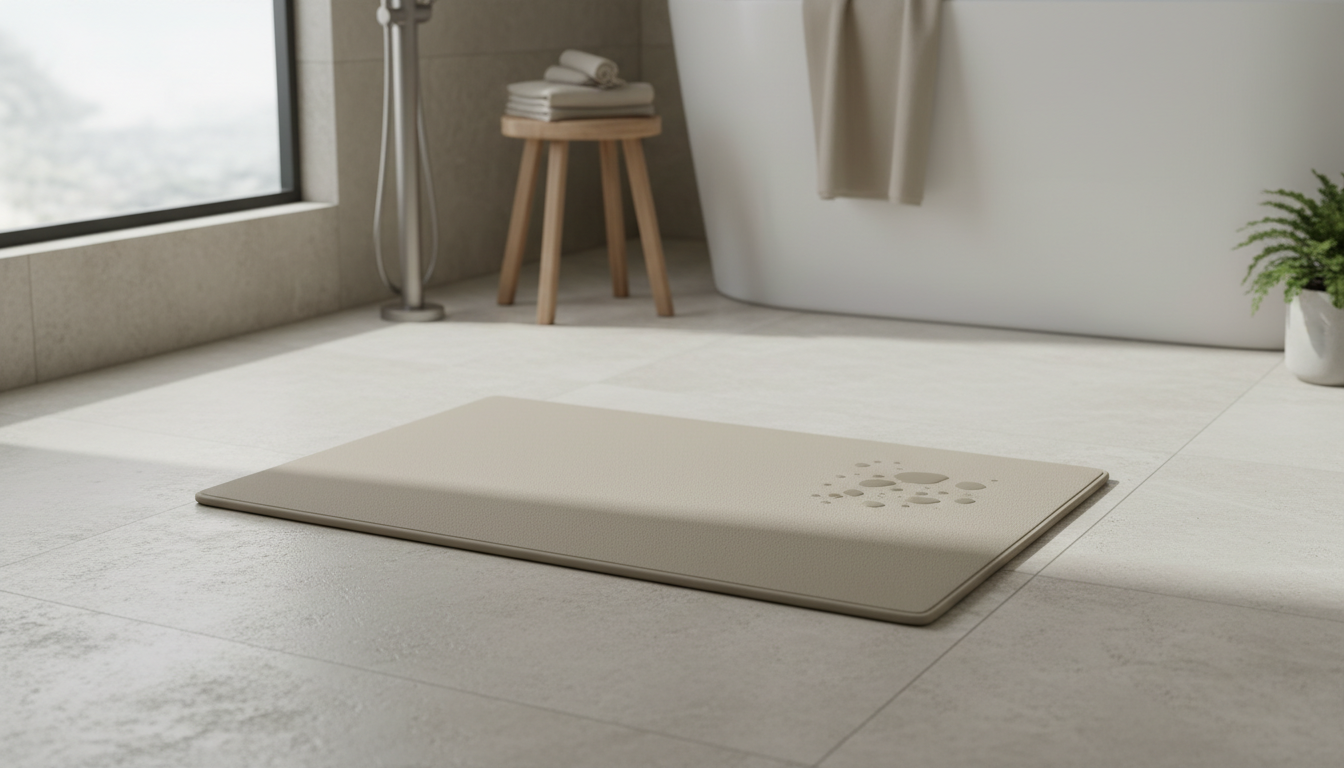 Mat placé devant une baignoire en bois, ajoutant une touche chaleureuse à l'espace.