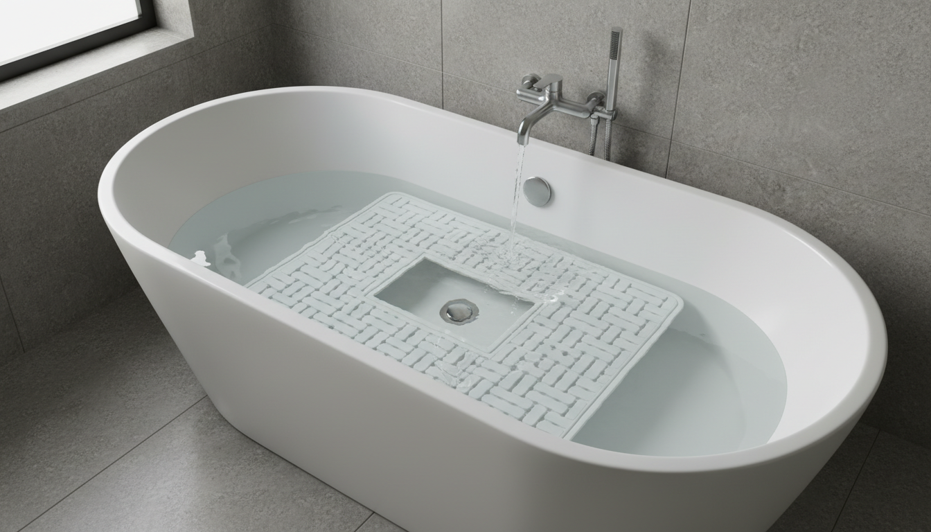 Tapis mat en beige naturel sur un fond de baignoire ornée de pierres et bougies relaxantes.