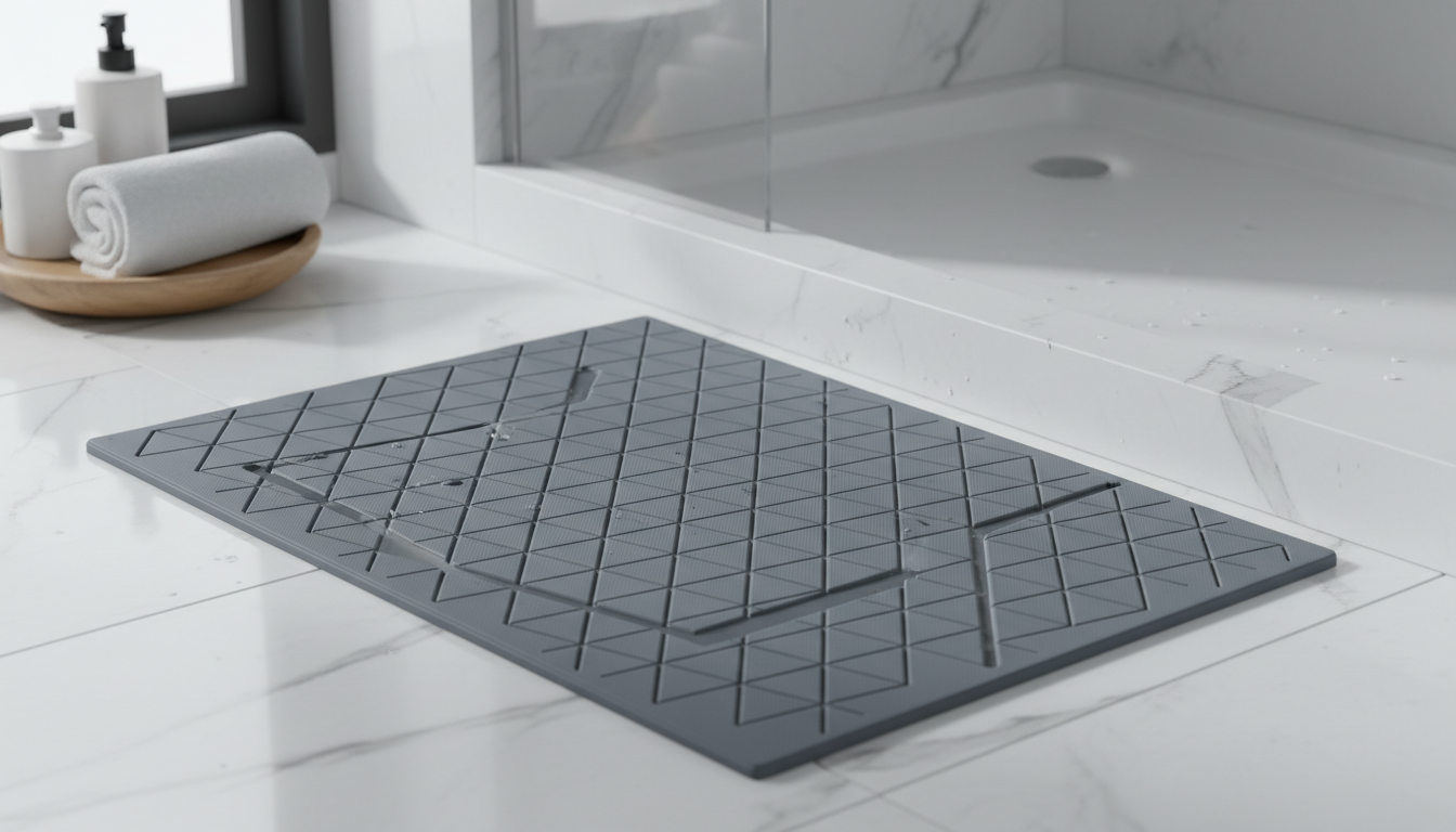 Tapis de bain gris clair, installé devant une baignoire moderne, offrant confort et sécurité.