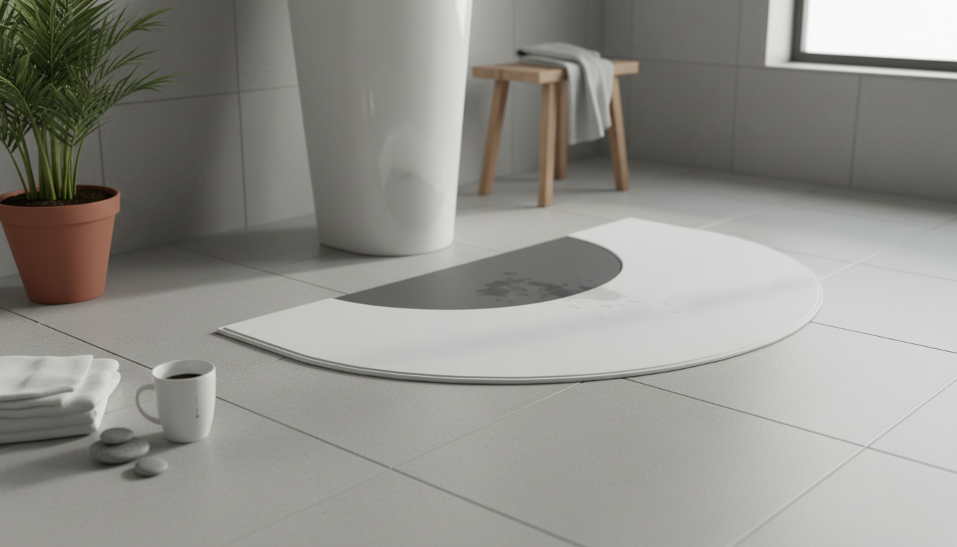 Le tapis demi-lune gris mat s'intègre parfaitement devant une baignoire moderne.