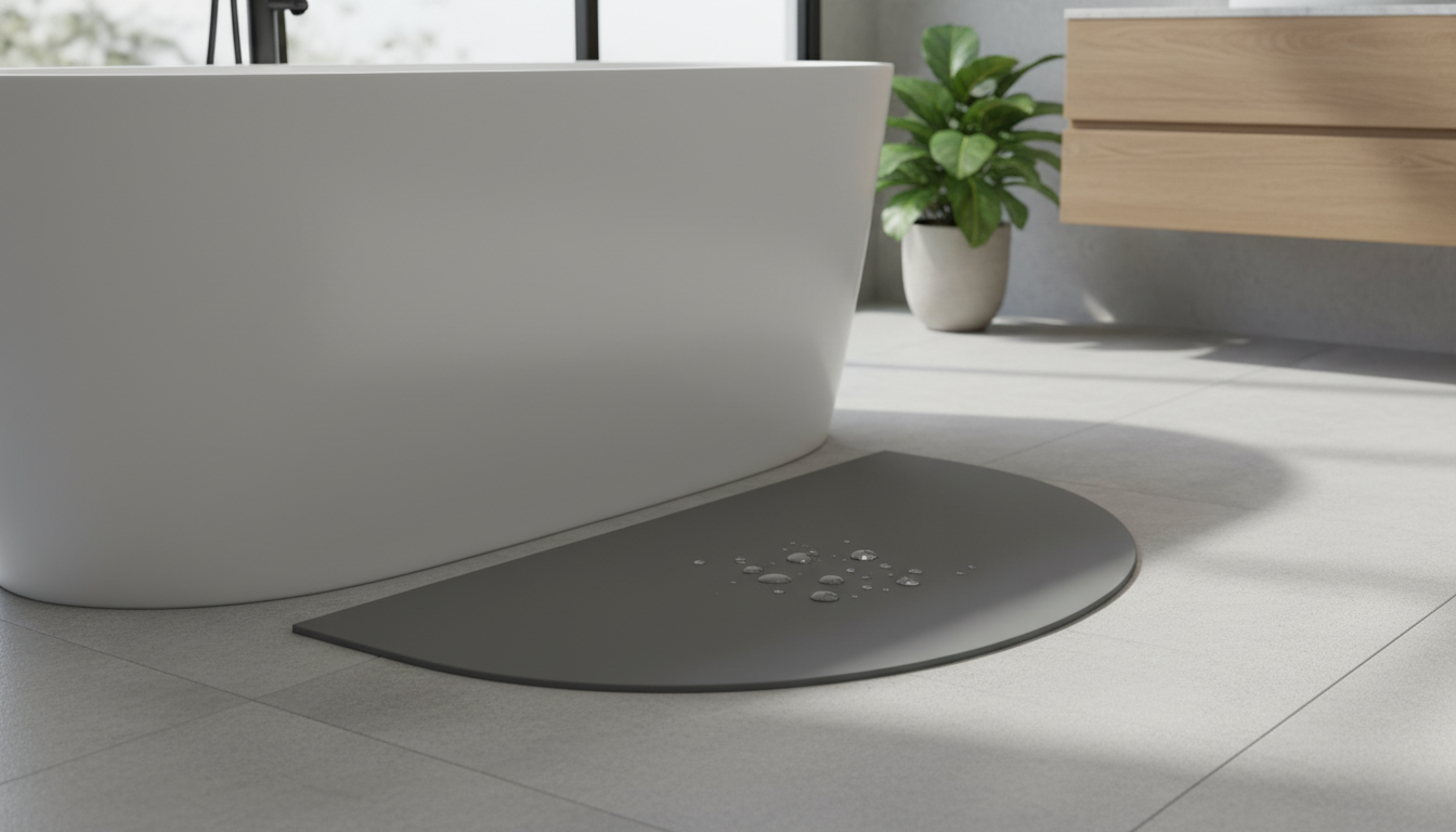 Ambiance chic avec le tapis demi-lune noir sur un carrelage élégant et clair.