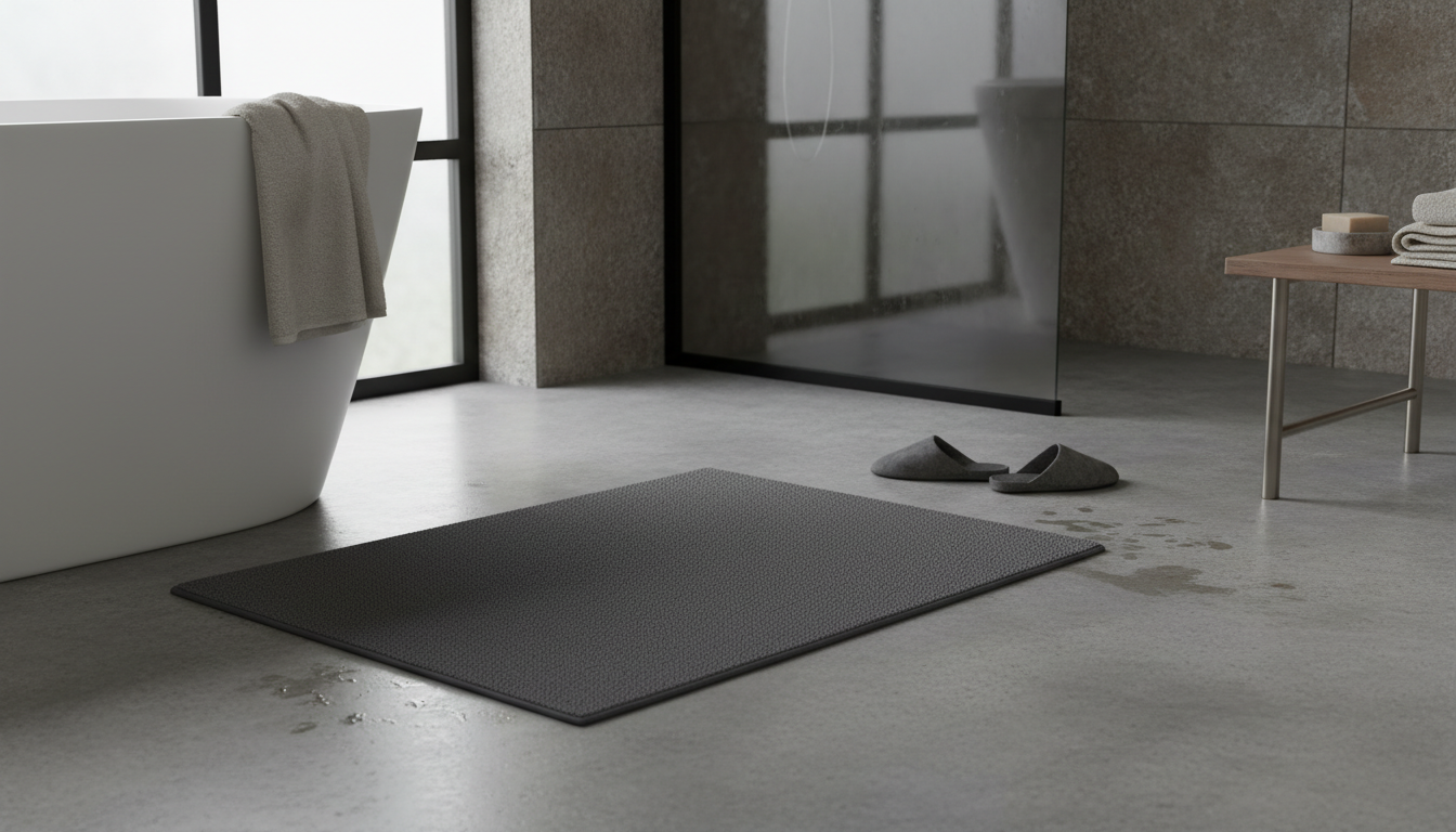 Tapis de bain gris mat de 60x90 cm, apportant une touche apaisante à ce décor minimaliste.