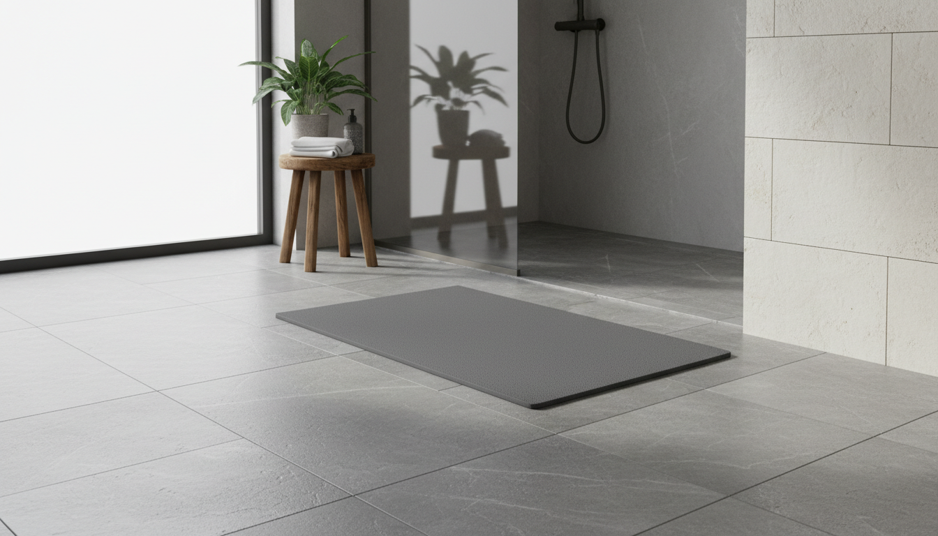 Tapis de bain harmonieusement disposé sur un sol en béton, soulignant l'élégance contemporaine.