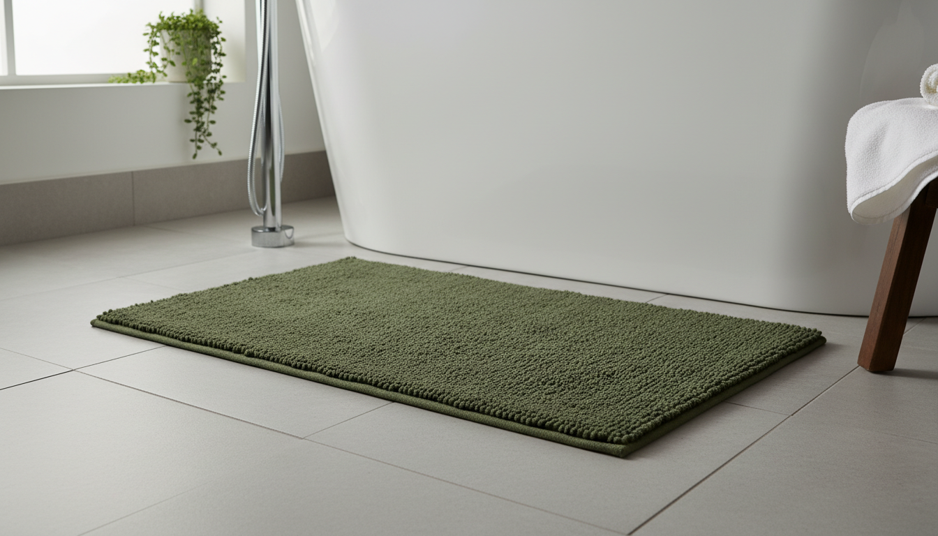 Tapis de bain vert émeraude, 60x90 cm, adoucit un sol carrelé lumineux.