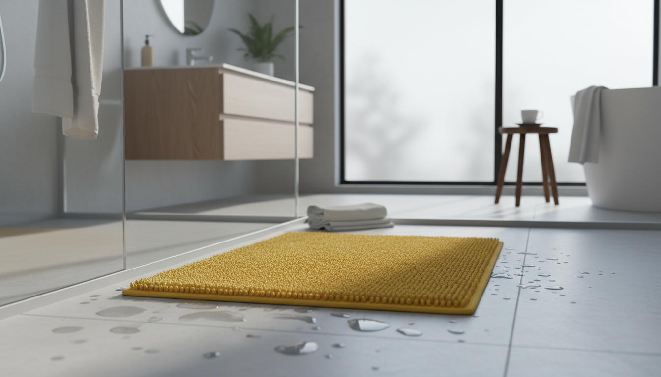 Tapis de bain jaune vibrant, 60x90 cm, posé devant un lavabo moderne en marbre.