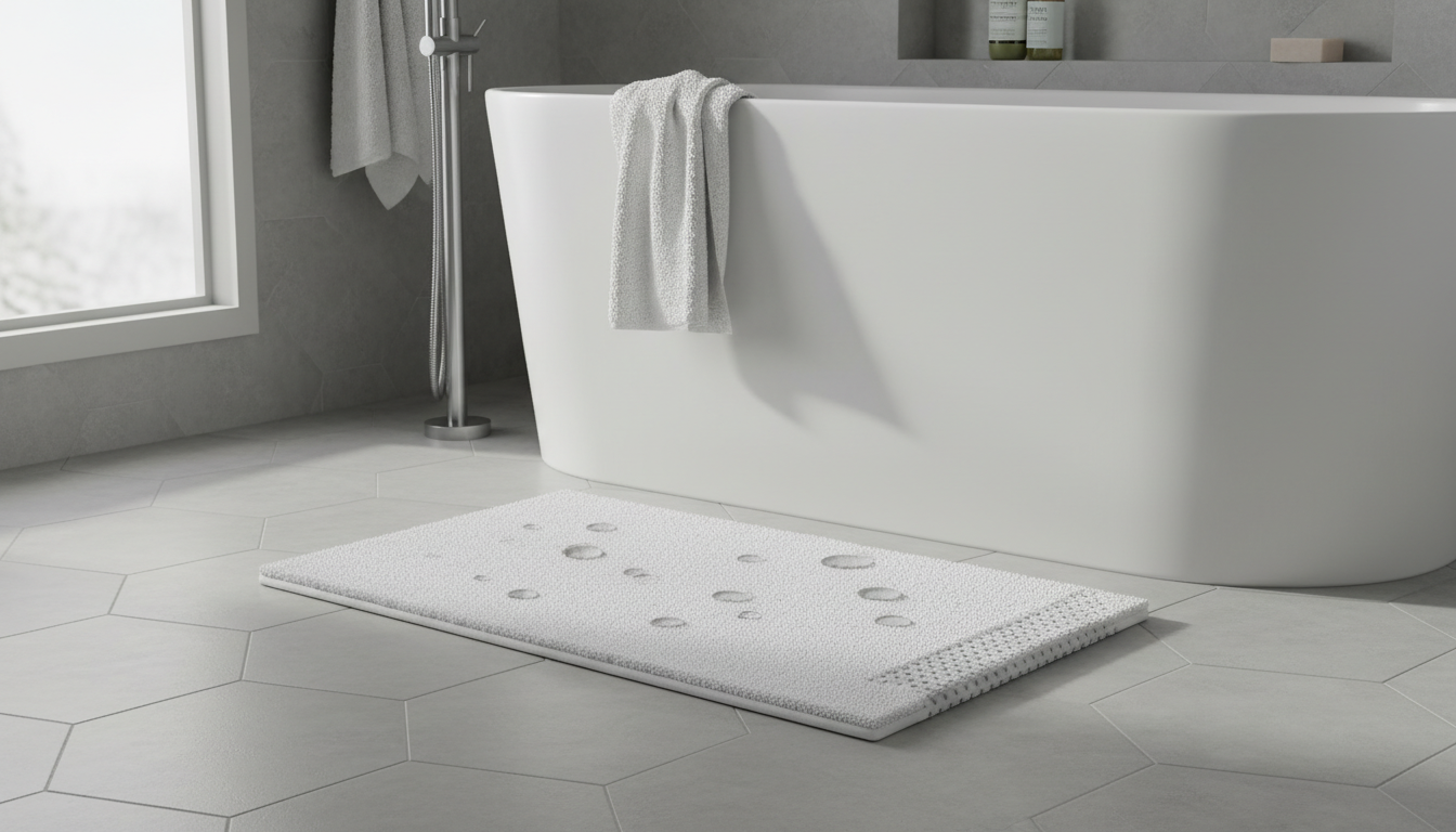 Mat blanc moelleux de 60x90 cm, parfait près de la baignoire en usage quotidien.