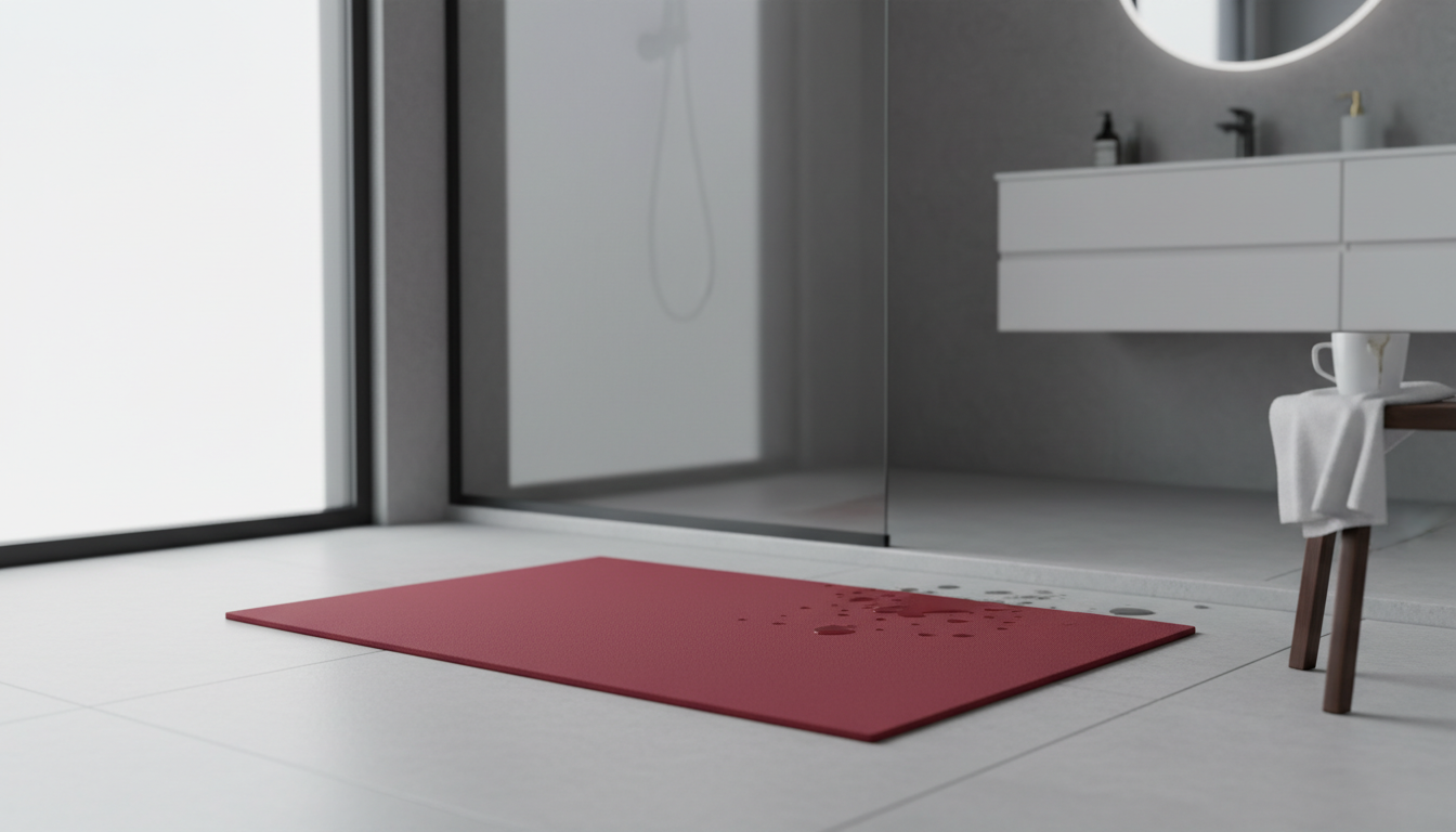 Tapis rouge vif se marie avec carrelage blanc, ajoutant chaleur au sol.