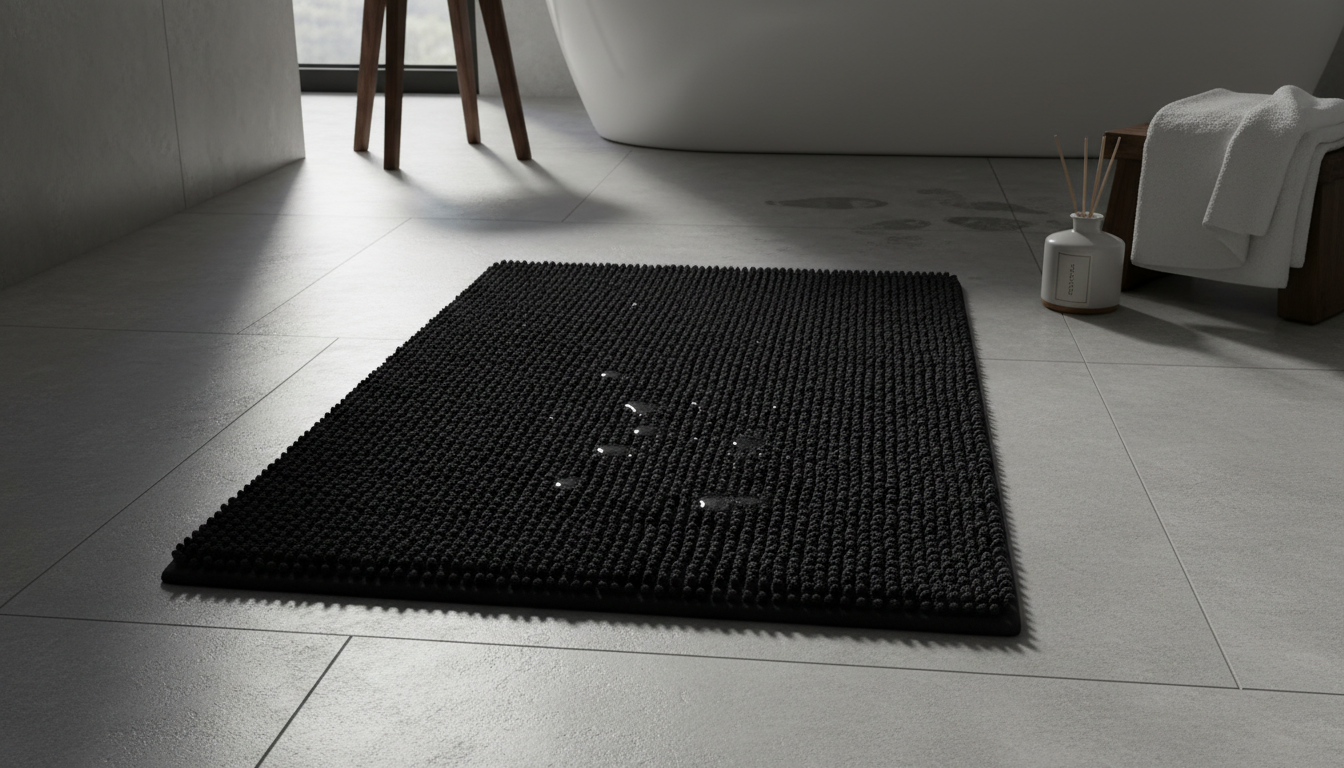 Tapis de bain noir élégant, 60x90 cm, posé sur un carrelage lumineux.