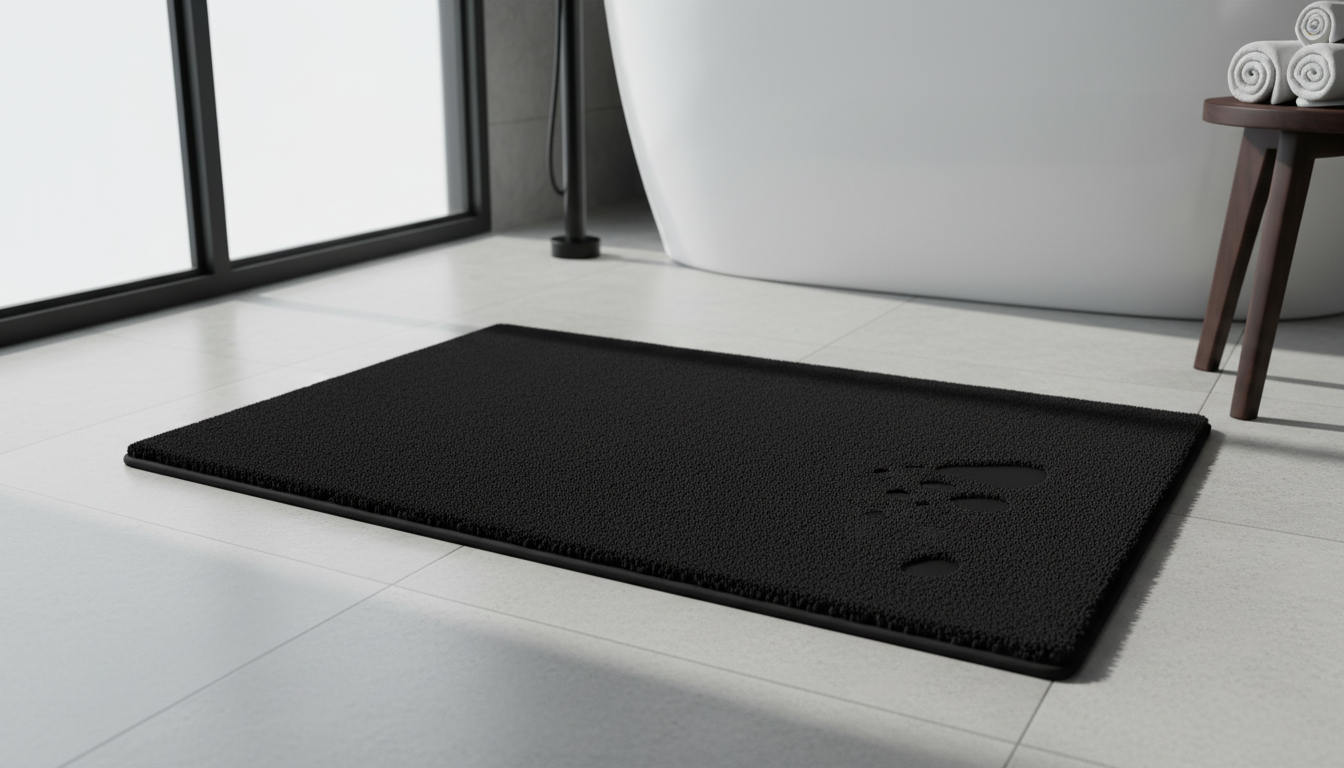 Tapis noir en contraste avec des accessoires dorés et des plantes vertes.