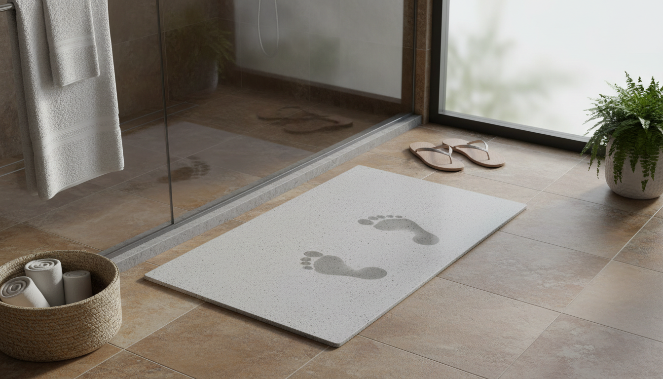 Mat beige de 60x40 cm, posé près de la baignoire avec des serviettes blanches.