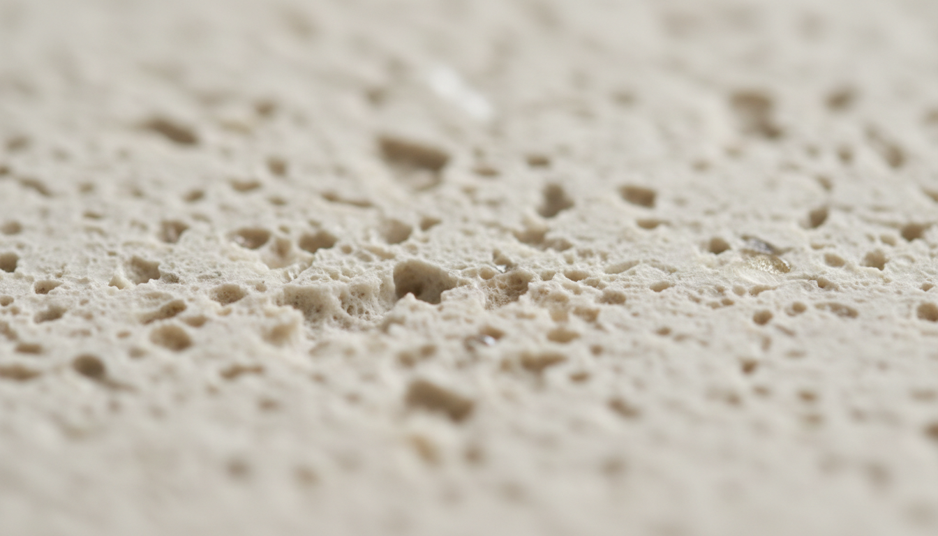 Texture matte et poreuse, couleur gris clair, capturant la lumière douce de la salle de bain.