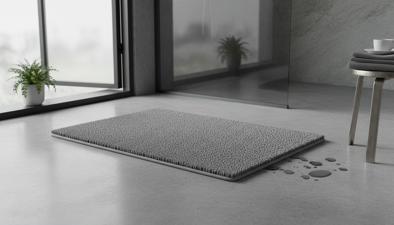 Tapis de bain gris de 60x90 cm, parfaitement assorti aux accessoires de salle de bain minimalistes.