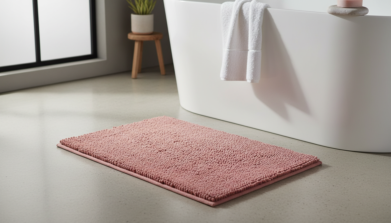 Tapis de bain rose mat sur carrelage doux, apportant une touche chaleureuse et accueillante.