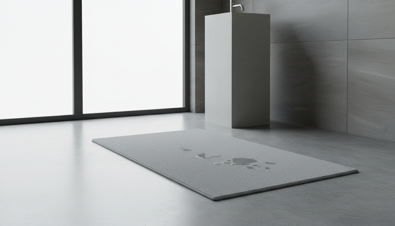 Tapis gris sur carrelage clair, agrémenté de plantes vertes pour une atmosphère apaisante.