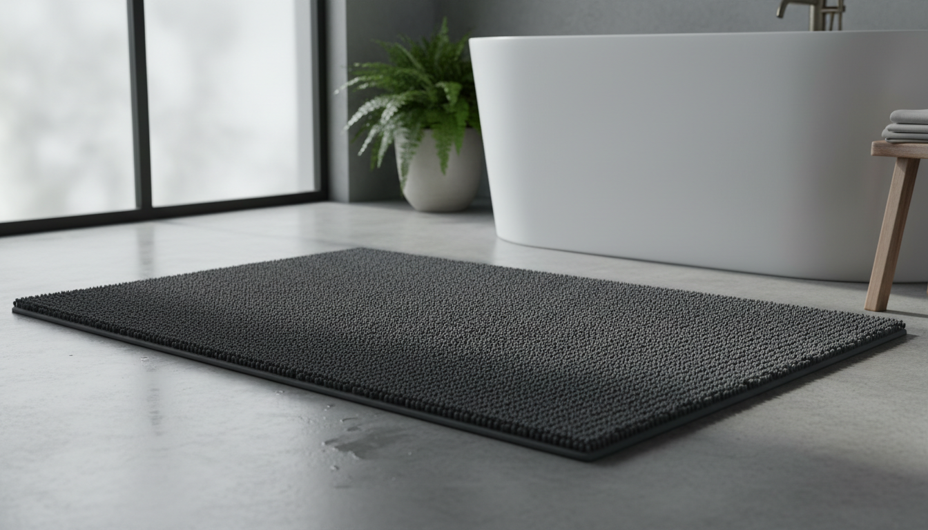 Tapis en beige naturel, harmonieusement placé devant une baignoire en marbre, créant une ambiance zen.