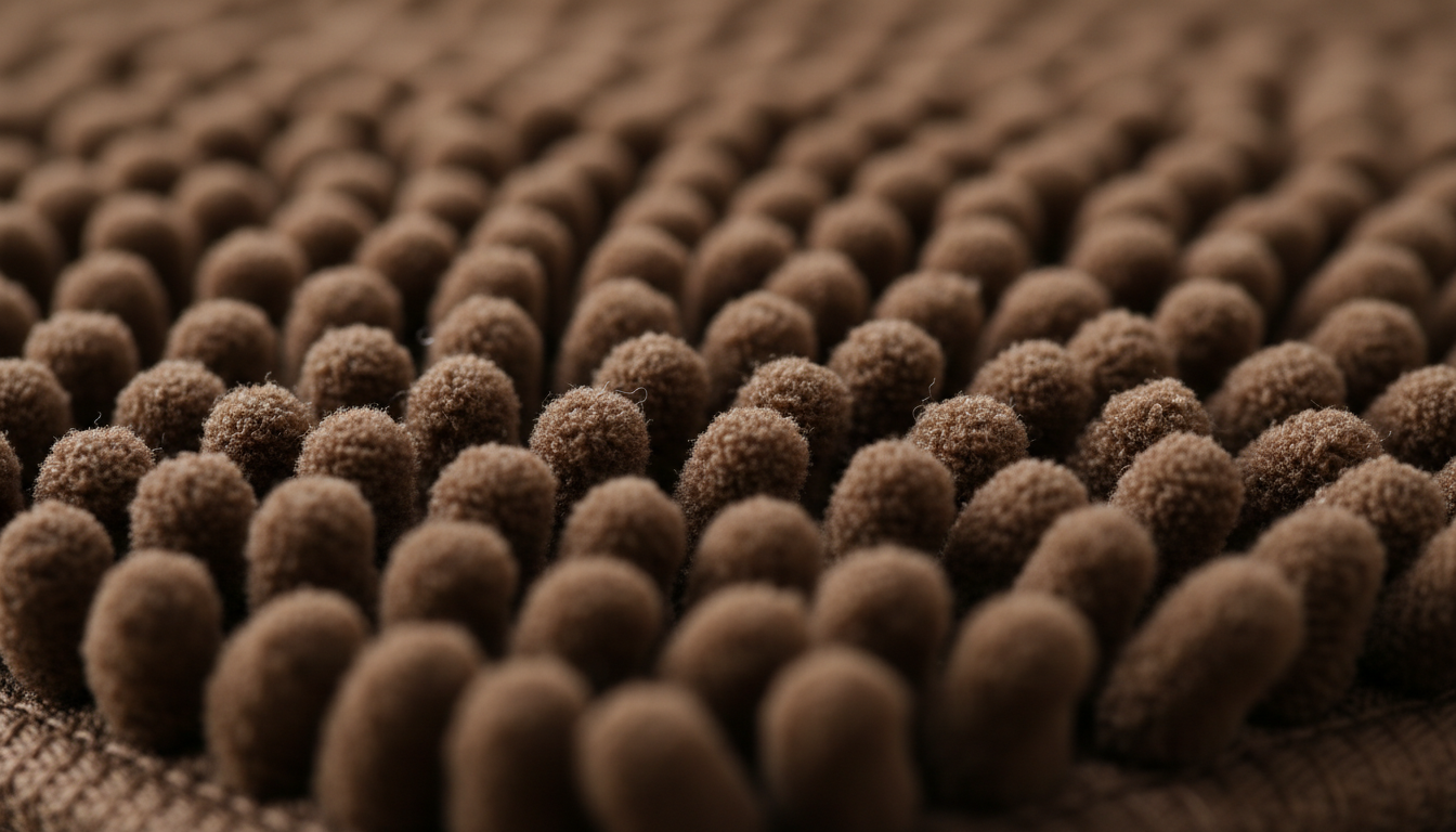 Gros plan sur la texture douce en boucle, avec nuances de brun et finition mate.