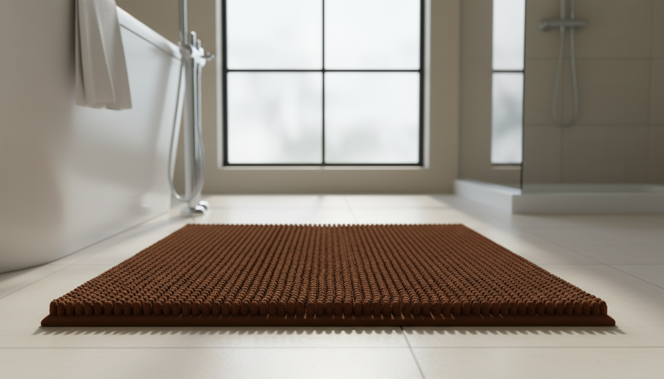 Tapis marron subtil, harmonieusement posé sur carrelage brillant, créant une ambiance apaisante.