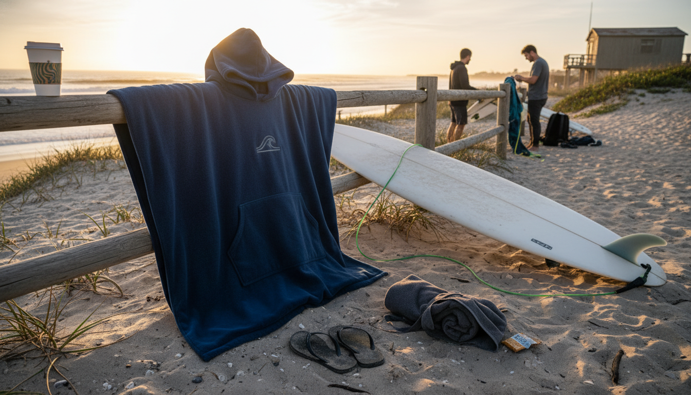 Surfer détendu portant un poncho bleu marine sur la plage, avec une planche à proximité.