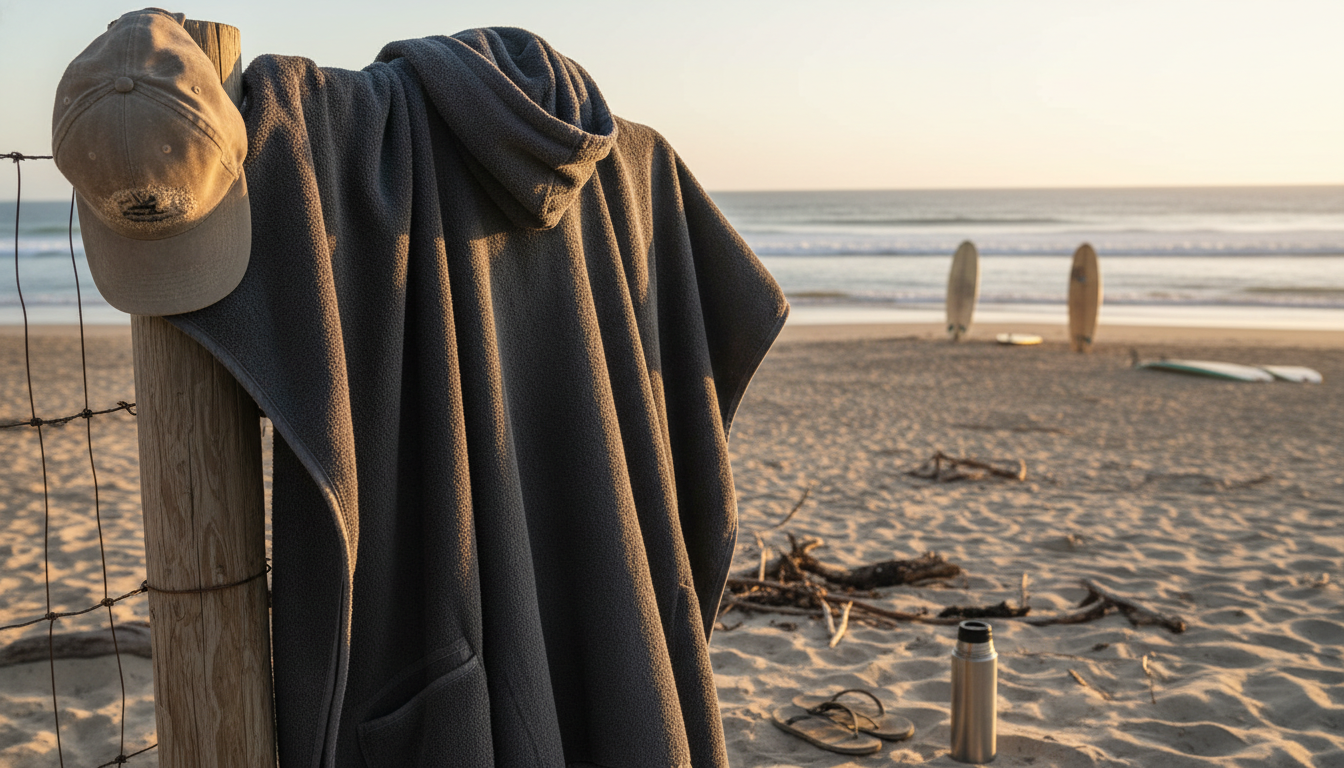 Un homme souriant en poncho bleu marine, se changeant après une baignade sur la plage.